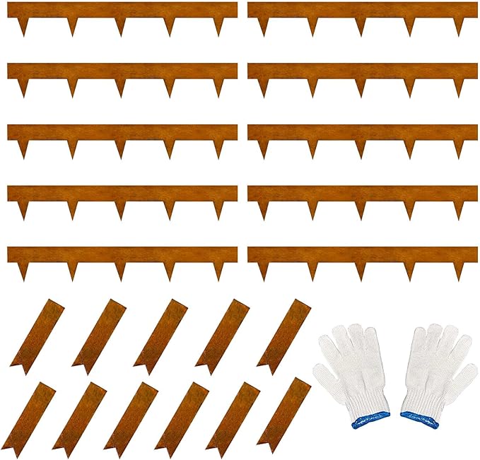 33ft Landscape Edging Cor-Ten Steel - Pre-Rusted Garden Border Kit, 10 Pack Hammer-in Lawn Edging Strips 11 Clips & Gloves - Durable Garden Edge for Lawn, Yard