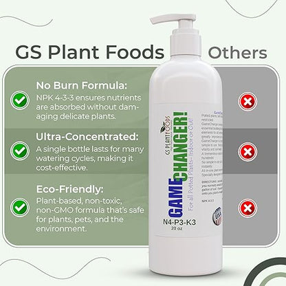 GS Plant Foods Game Changer All-Purpose Essentials - 100% Plant-Based Organic Fertilizer for Indoor or Outdoor Container Grown Plants, NPK 4-3-3, Liquid Formula for Houseplants, 20 Ounces