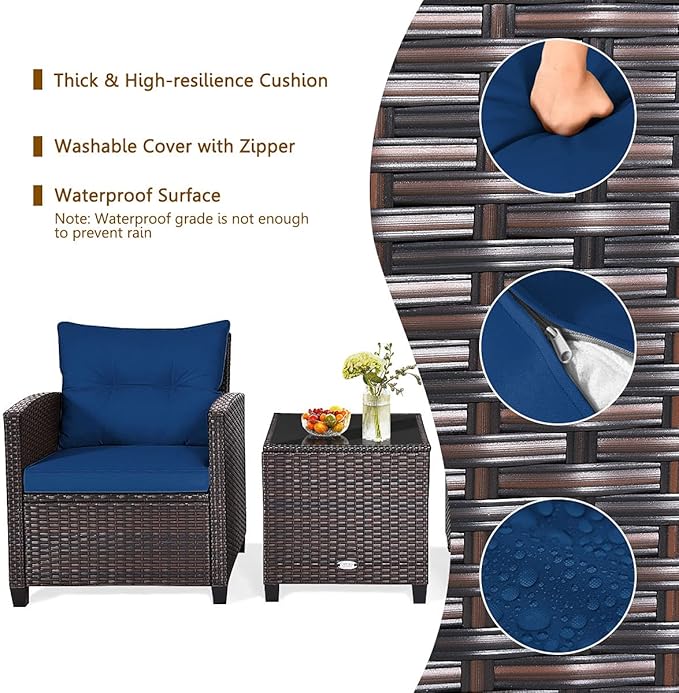 RELAX4LIFE 3 Piece Patio Furniture Set, Wicker Bistro Conversation Set w/ 2 Cushioned Armchairs & Glass Topped Table, Outdoor Rattan Sofa Set Patio Furniture for Porch Balcony Poolside (Navy Blue)