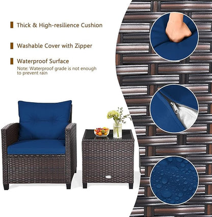 RELAX4LIFE 3 Piece Patio Furniture Set, Wicker Bistro Conversation Set w/ 2 Cushioned Armchairs & Glass Topped Table, Outdoor Rattan Sofa Set Patio Furniture for Porch Balcony Poolside (Navy Blue)