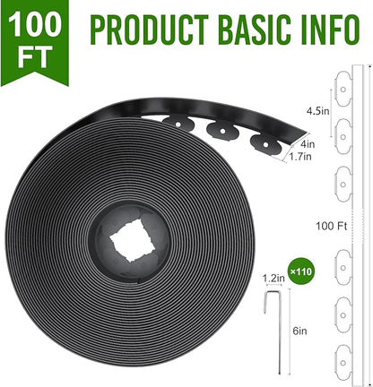 Landscape Edging 4 Inch Tall 100FT with 110Pcs Metal Spikes, Plastic Garden Edging Border Landscape Edging Border Lawn Edging for Landscaping, Flower Bed, Yard