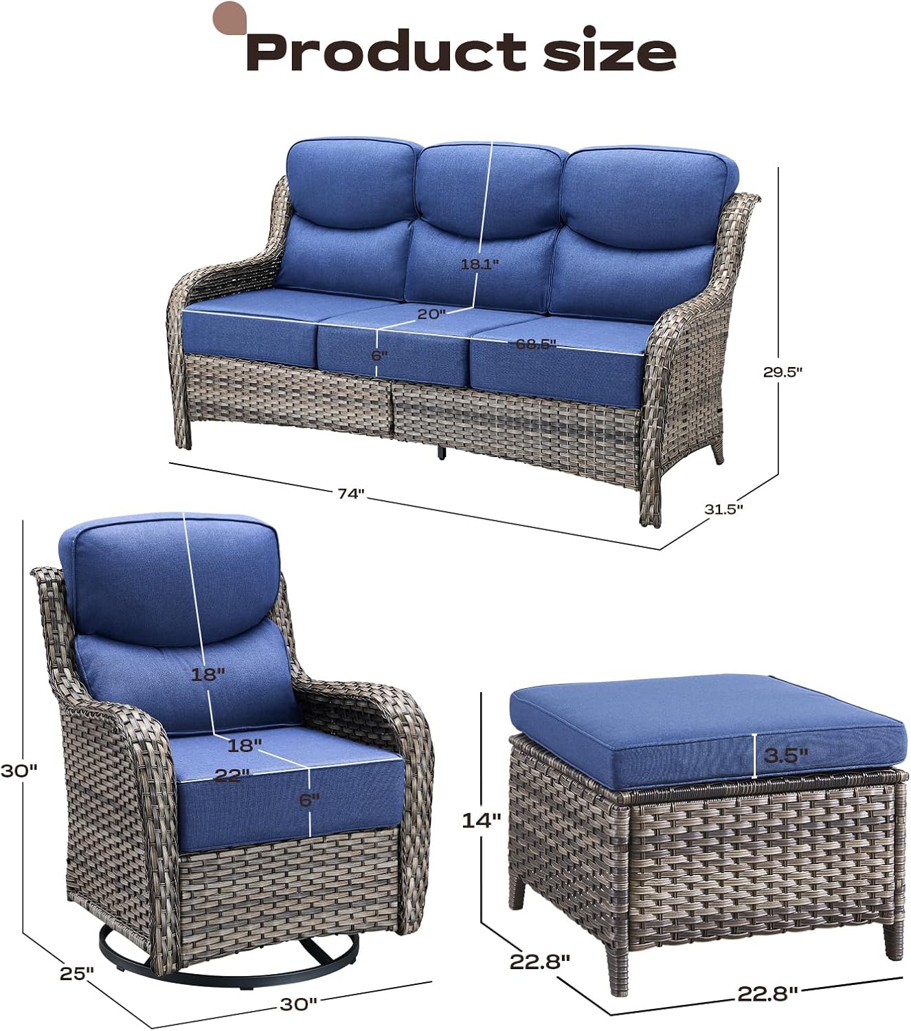 Wicker Outdoor Patio Furniture Set - 5 Piece Patio Conversation Sets with Swivel Rocker Chairs, Ottomans and Sofa, 6 inch Cushions, Waterproof Wicker, for Porch Deck Mixed Grey/Blue