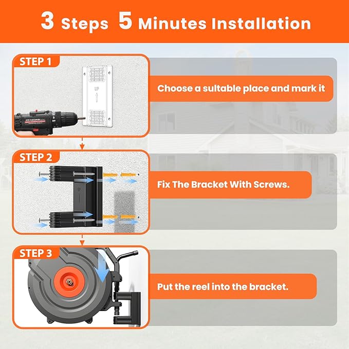 3rd Generation Retractable Garden Hose 155 ft x 1/2 inch Heavy Duty Wall-Mounted Hose Reels 180° Swivel Automatic Slow Return Any Length Lock 9 Pattern Nozzle UV Resistant (Black)