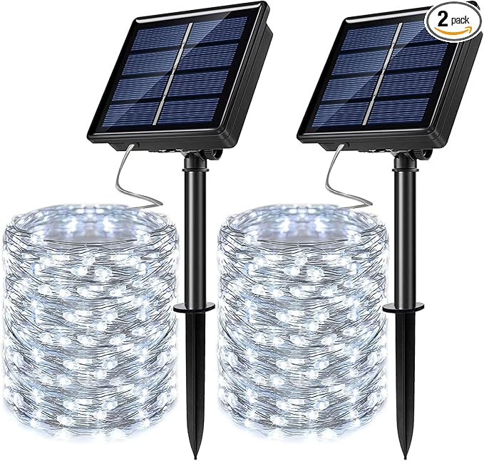 2 Pack Solar Powered Fairy String Lights Outdoor Waterproof 8 Modes Twinkle Christmas Decorations Lights, Each 33ft-100LED, 40ft-120LED, 66ft-200LED, 80ft-240LED, (White, 66)
