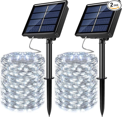 2 Pack Solar Powered Fairy String Lights Outdoor Waterproof 8 Modes Twinkle Christmas Decorations Lights, Each 33ft-100LED, 40ft-120LED, 66ft-200LED, 80ft-240LED, (White, 66)