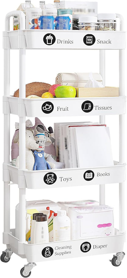 UDEAR 4-Tier Rolling Utility Cart with 12 Category Labels,Multifunctional Storage Shelves with Handle and Lockable Wheels for Room,Office,Kitchen,Bathroom,White