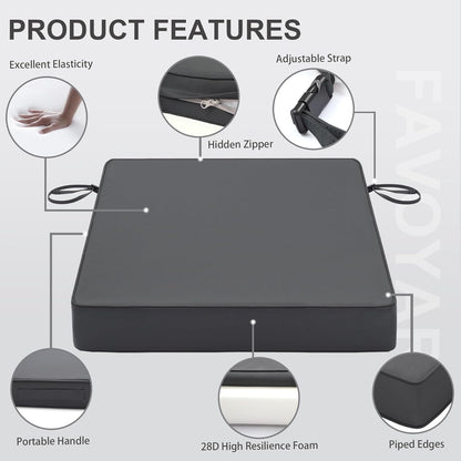 Favoyard Patio Chair Cushions 24 x 24 x 4 Inch Waterproof Outdoor Seat Cushions for Patio Furniture 3-Year Color Fastness Garden Sofa Couch Pads with Handle & Adjustable Straps Set of 2, Dark Grey