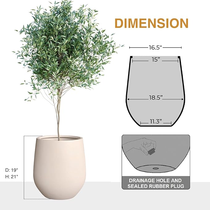 Corso Fiberstone Planter, Round Tapered Drainage Pots, Large Modern Porch Planters for Indoor and Outdoor use (Kilim Beige, 21" H x 19" D)