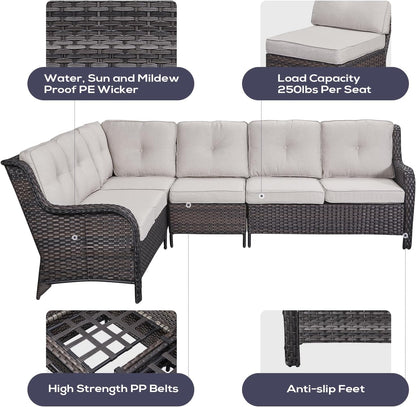 Outdoor Furniture Sectional Sofa L Shaped Couch - Patio Wicker Set with 2 Swivel Glider Chairs, 5 Piece Rattan Patio Conversation Sets with Beige Cushion for Deck Backyard Sunroom