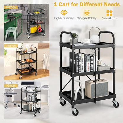 Goplus Folding Utility Cart on Wheels, 250lbs 3-Tier Rolling Tool Cart w/Lockable Casters & Compartments, Fast Fold up Collapsible Metal Service Cart for Office, Garage, Kitchen, Black