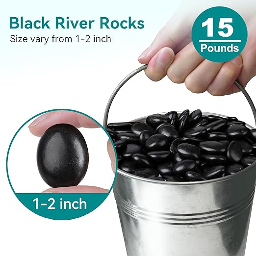 15 lbs Black Rocks for Planters, 1"-2" Decorative Rocks for Potted Plants, Polished Garden Stones for Outdoor Landscaping, Walkways, Yard, River Rocks for Flower Pots, Vase