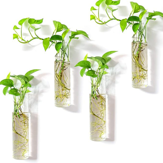 Kingbuy Wall-Mounted Plant Terrarium Propagation Station - 4 Cylinder Hanging Glass Tubes Planter for Hydroponic Plants, Indoor Wall Vases & Decorative Plant Holder Bathroom Office Living Room Decor