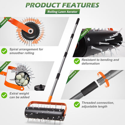 Walensee Rolling Lawn Aerator, Heavy Duty Manual Aerator Tool with 42 Spikes, Lawn Spike Aerator Roller with 71" Adjustable Handle, Soil Penetrator Push Lawn Aeration for Garden Yard Patio