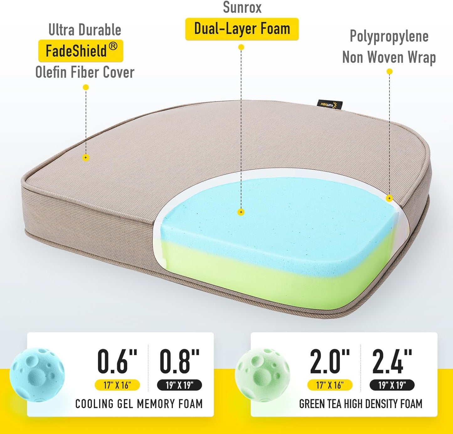 SUNROX Gel Memory Foam Chair Cushions, FadeShield Water-, Stain-Resistant Durable Reversible Seat Cushion Pads with Ties for Indoor/Outdoor Kitchen Dining Office, 19"x19", Set of 2, Husk Birch