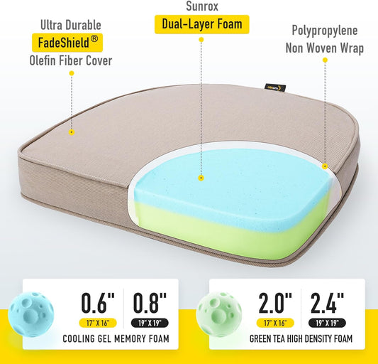 SUNROX Gel Memory Foam Chair Cushions, FadeShield Water-, Stain-Resistant Durable Reversible Seat Cushion Pads with Ties for Indoor/Outdoor Kitchen Dining Office 17"x16" Set of 4, Husk Birch