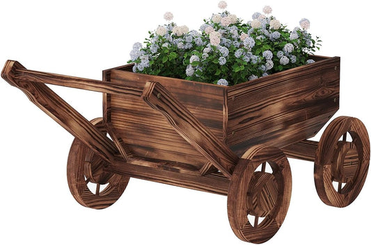 Wooden Flower Cart with Wheels Wooden Wagon Planter Outdoor Garden Planter Decor Planter for Patio Balcony Trolley Decoration Succulent Flower Pot, Indoor Backyard Balcon Decor.（S）