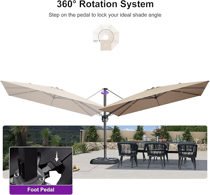 PURPLE LEAF 11' X 8' Left-right Tilting Patio Umbrella Outdoor Cantilever Swivel Rectangle Umbrella with Tilt Aluminum Offset Umbrella with 360-degree Rotation for Garden Deck Pool Patio Beige