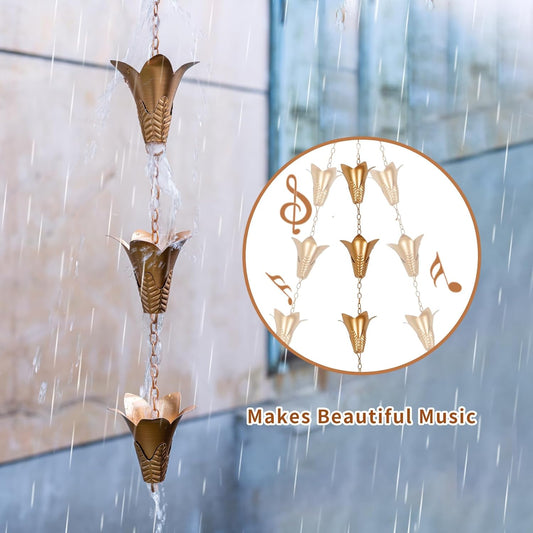 Topadorn Rain Chain Iron Gutter Chains with 12 Rain Collector Thick Iron Flower Cups Garden Decoration, 8.5 FT Rain Chain for Outdoor Ornament, Replacement for Downspout