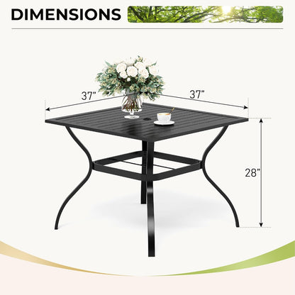 Outdoor Patio Square Dining Table, 37"x 37" Metal Slatted Tabletop with Adjustable Umbrella Hole for Deck Lawn Garden Backyard, Black