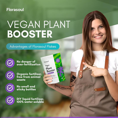 PLANT BOOSTER Indoor Plant Food Water Soluble Flakes Organic Seaweed Fertilizer NO SMELL Best House Plant Feed Eco Friendly, Certified Vegan Organic Plant Fertilizer 500g/350l