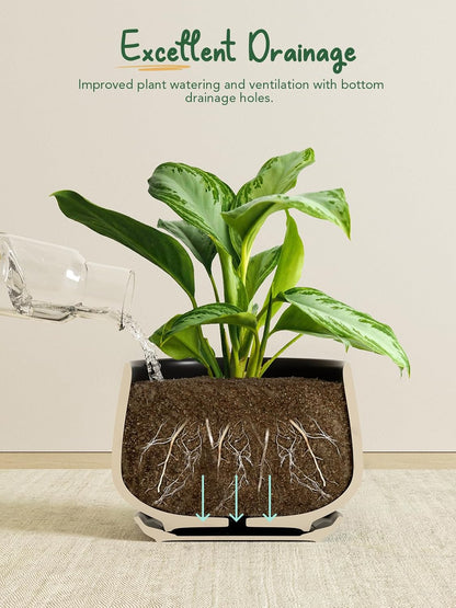 LE TAUCI Plant Pots, 4.1+5.1+6.5 inch, Set of 3, Ceramic Planters with Drainage Hole and Saucer, Indoor Flower Pot with Hole Mesh Pad, Gifts for Mom, Black