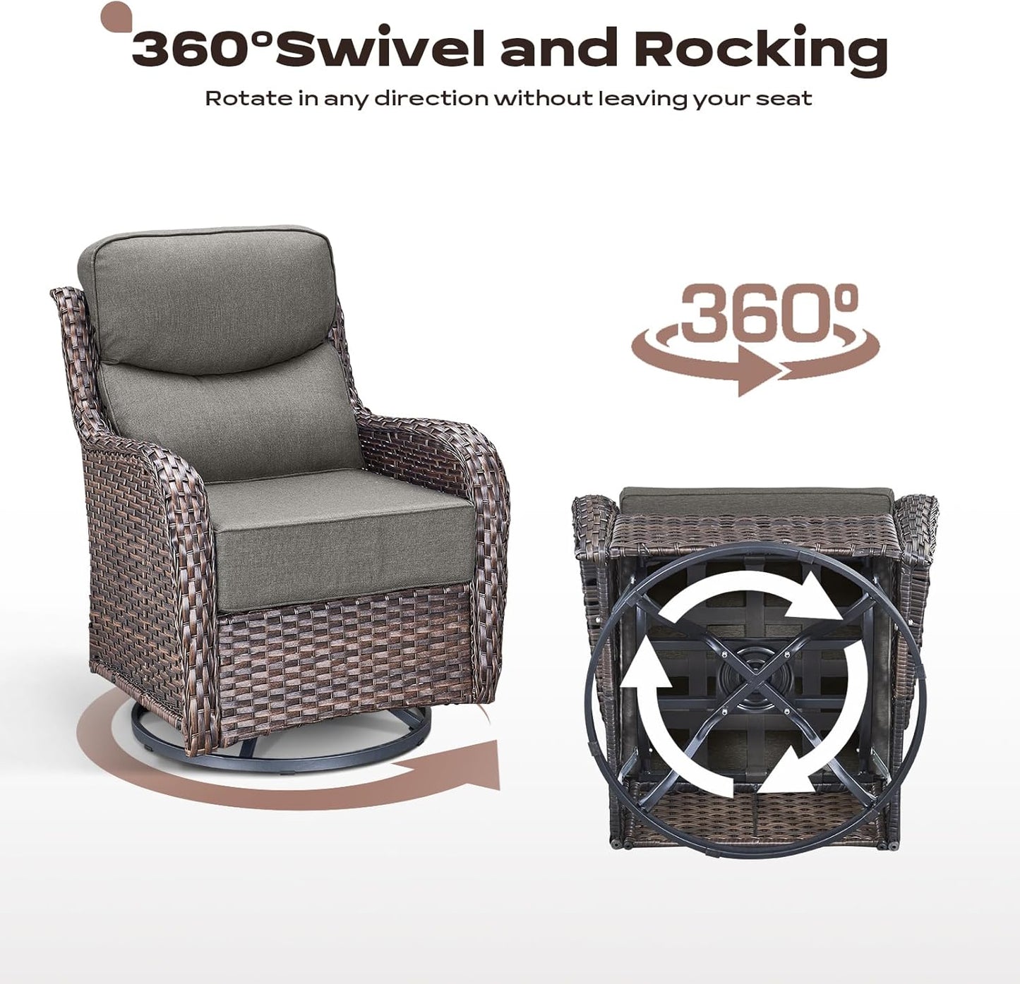 Outdoor Patio Swivel Rocker Chairs Set of 2, Waterproof Wicker, High Back, Deep Seating, Wide Armrest, Upgraded 6 inch Thick Cushions, Side Table, Ideal for Deck Porch Yard, Brown-Grey
