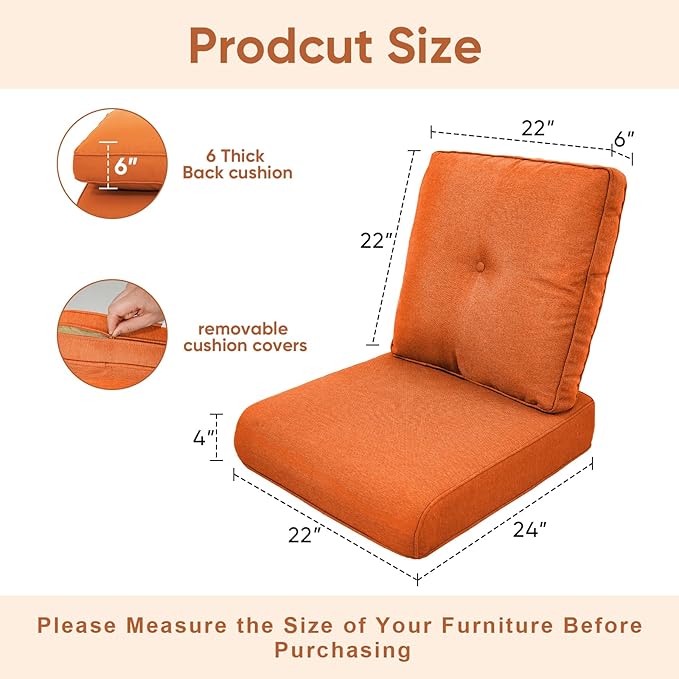 Outdoor Chair Cushions for Patio Furniture - 1 Pack Outside High Back Thick Water-Resistant Cushion 22x24 with Zipper Cover for Wicker Glider Rocking Chairs Loveseat Couch – Orange/Buckle
