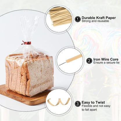 HARFINGTON 1000pcs Bag Twist Ties 6" Reusable Kraft Paper Twist Ties Wire Cable Ties for Party Bread Candy Cake, Wood Tone