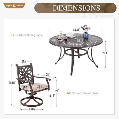 Sophia & William 7 Pieces Cast Aluminium Patio Dining Furniture Set for 6, Powder-Coating Outdoor Dining Chairs and Round Table with 2.2" Umbrella Hole for Porch Backyard Deck, Bronze