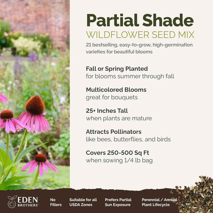 Eden Brothers Partial Shade Wildflower Mixed Seeds for Planting, 1/4 lb, 120,000+ Seeds with Sweet William, Foxglove | Attracts Pollinators, Plant in Spring or Fall, Zones 3, 4, 5, 6, 7, 8, 9, 10