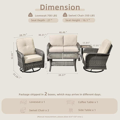 5 Pieces Patio Furniture Set,Outdoor Furniture with Rockers, Rattan Conversation Sets w/Coffee Table, Grey Wicker Light Beige Cushion