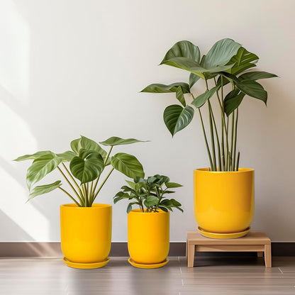 12 Inch Pots for Plants - Ceramic Planter for Outdoor Plants Large Plant Pot Indoor with Drainage Hole Modern Flower Pot for Home Patio Office Decor Yellow