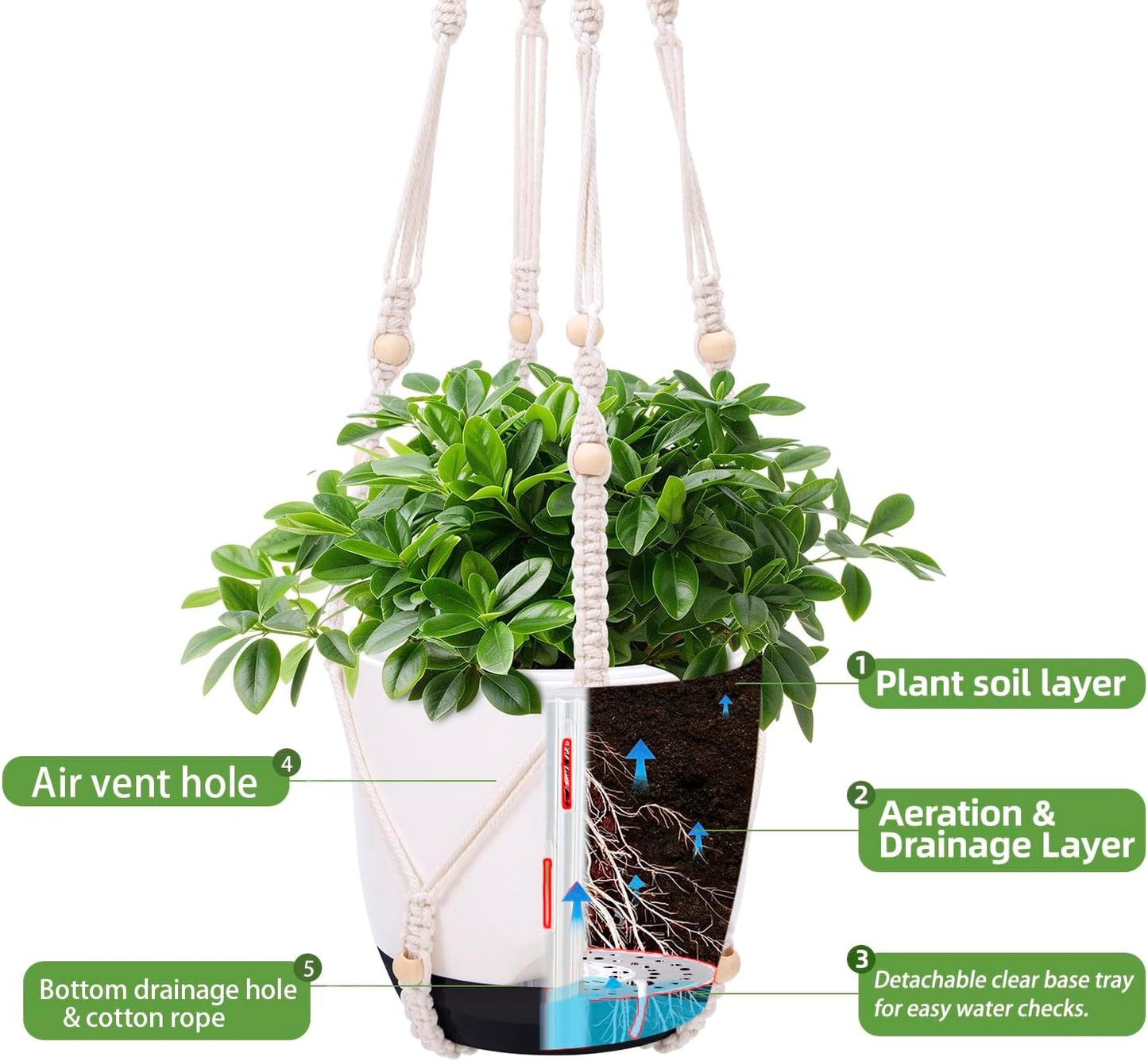 2-Pack Self-Watering Hanging Planters for Indoor & Outdoor Plants,34-Inch macrame hanger plant pots indoor with drainage,5.7-Inch Small Hanging Planters & Baskets in Black,With two sets of hooks