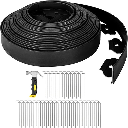 GROWNEER 66FT Landscape Edging Flexible 2 inch Tall Garden Border with 60pcs Galvanized Steel Anchoring Spikes and Hammer Lawn Edging Kit for Flower Bed, Pathway, Landscaping Project, Black