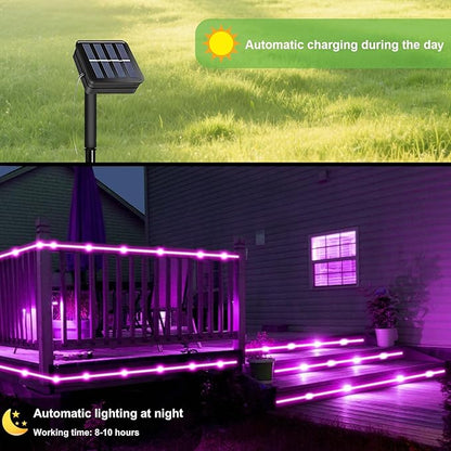 Purple Solar Rope Lights for Outside - 100 LED 33FT Solar Powered Halloween String Lights with 8 Lighting Modes, Halloween Decoration Outdoor, Waterproof Tube Light for Garden Yard Party Tree Decor