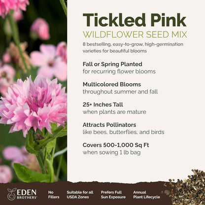 Eden Brothers Tickled Pink Flower Mixed Seeds for Planting, 1 lb, 480,000+ Seeds with Cosmos, Cornflower, Zinnia | Attracts Pollinators, Plant in Spring or Fall, Zones 3, 4, 5, 6, 7, 8, 9, 10