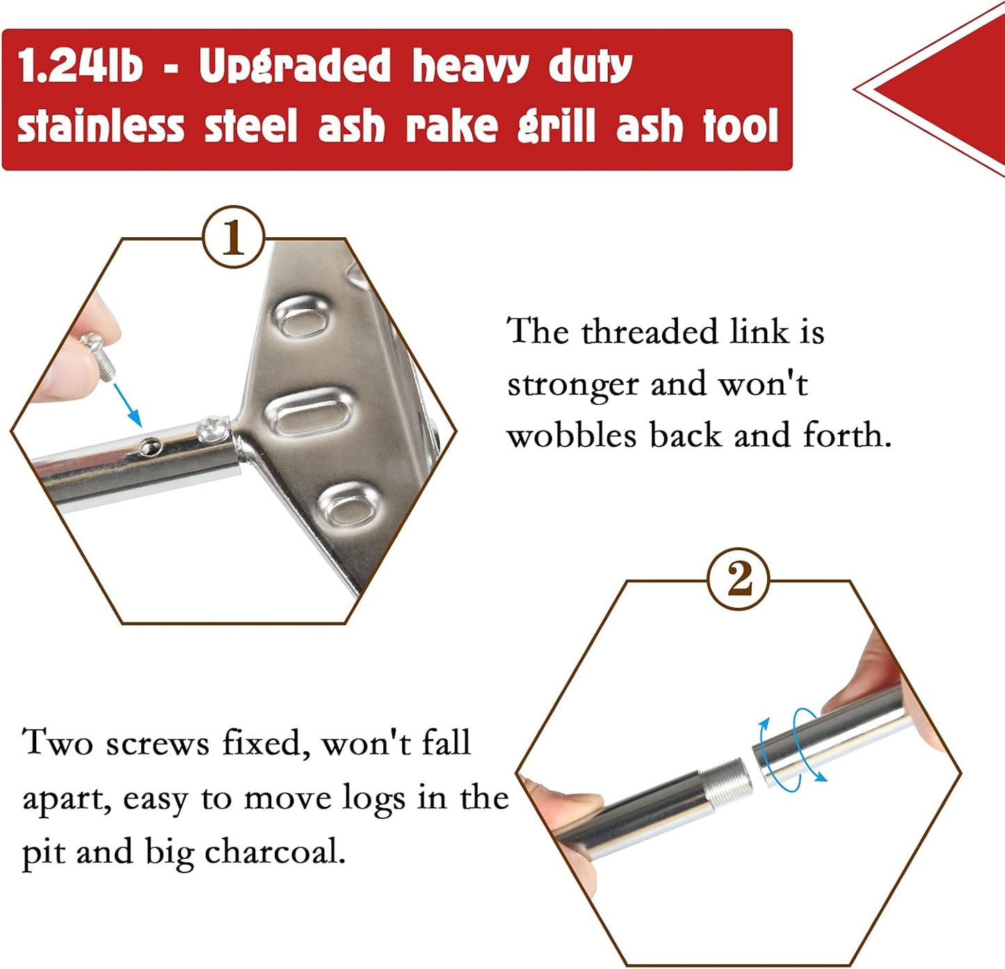 Heavy Duty Charcoal Grill Rake Ash Tool Accessories With Rubber Handle, Kettle Grill Pizza Oven Ash Rake - 32 Inch