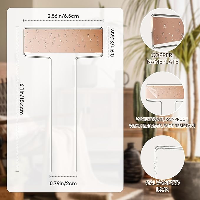 25PCS Copper Metal Plant Tags Plant Labels with 50Pcs Labels, Rainproof PET Film & 2 Permanent Pen, 6.1 inch Weatherproof Banner Garden Markers, Marking Protection Seedling Signs Nursery Tags