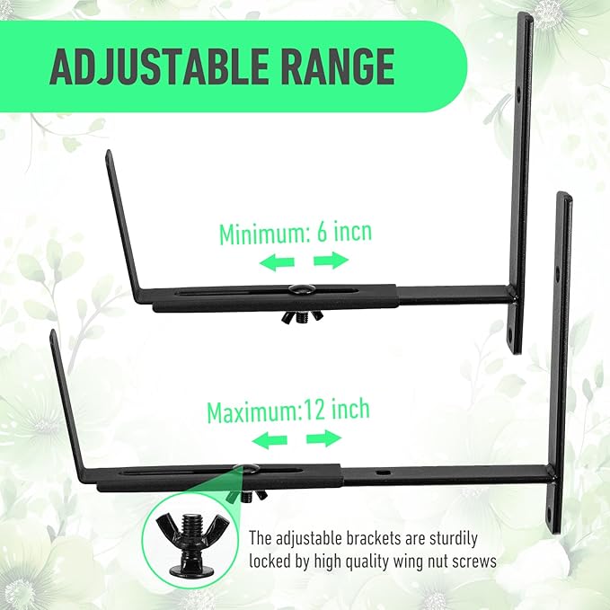 2 Pcs Window Box Brackets, Adjustable Window Planter Box Brackets, Heavy Duty Iron Flower Box Brackets for Railings, with Enhanced Bottom Support - Perfect for Balconies, Fences, Gardens