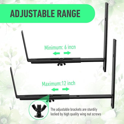 2 Pcs Window Box Brackets, Adjustable Window Planter Box Brackets, Heavy Duty Iron Flower Box Brackets for Railings, with Enhanced Bottom Support - Perfect for Balconies, Fences, Gardens