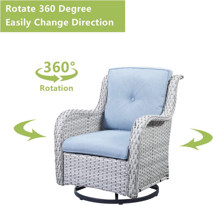 Outdoor Patio Swivel Rocker Chairs - 3 Piece Patio Bistro Set,Wicker Patio Furniture Set with 2 Swivel Rocking Chairs and 1 Glass Top Side Table for Deck Porch Garden,Light Grey/SkyBlue