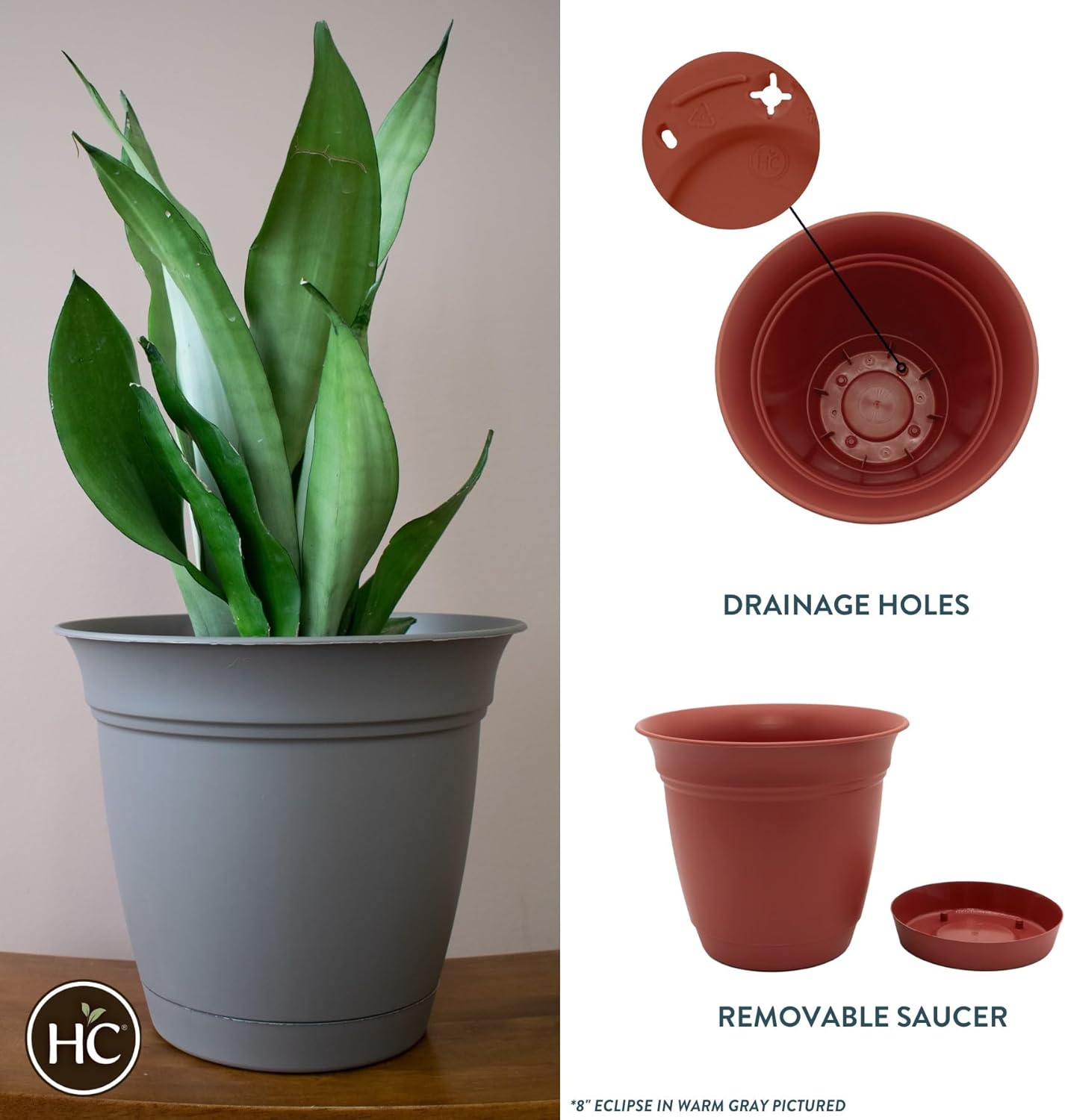 The HC Companies Eclipse Round Planter with Saucer - Outdoor & Indoor Plant Pot with Drainage Holes - Lightweight, UV-Resistant Plastic Pots for Plants, Flowers & Herbs (8" Clay, Pack of 1)