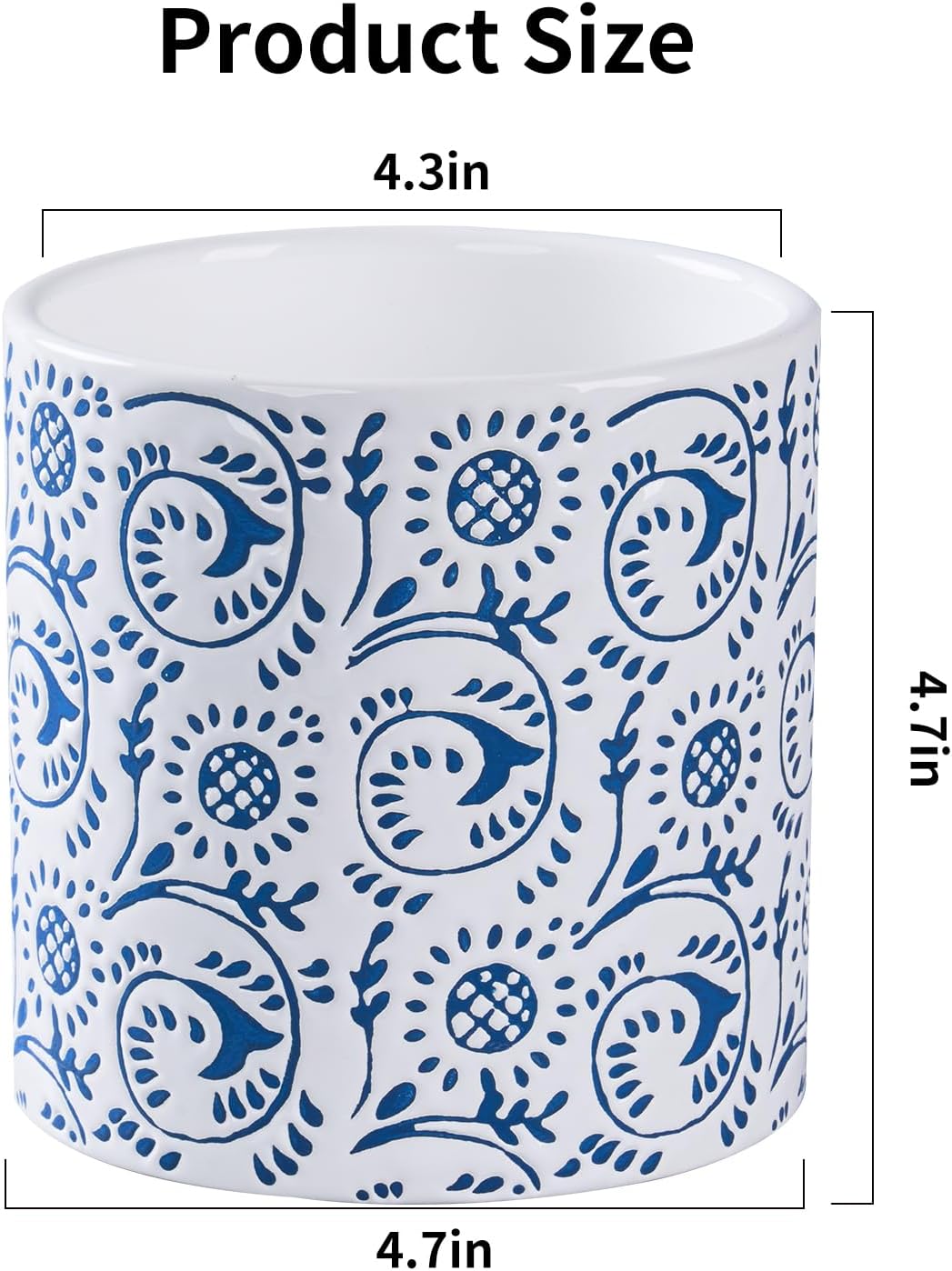 Ceramic Plant Pot for Indoor Plants, 4.7 Inch Blue & White Floral Porcelain Ceramic Decorative Flower Pot with Drainage Holes, Modern Planter for Home & Office Decor