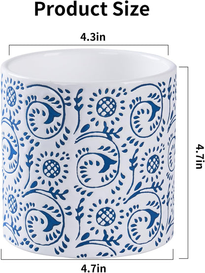 Ceramic Plant Pot for Indoor Plants, 4.7 Inch Blue & White Floral Porcelain Ceramic Decorative Flower Pot with Drainage Holes, Modern Planter for Home & Office Decor