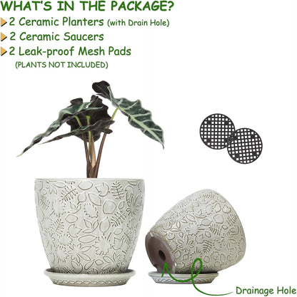 8 Inch + 6 Inch Retro Ceramic Planter Set of 2 with Drainage Hole and Saucer for Multiple Plants, Indoor-Outdoor Garden Pots for Succulent, Orchid, and Flower (Retro White)