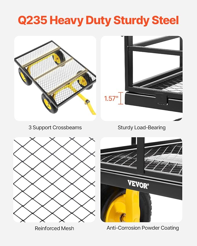 VEVOR 1200 Lbs Steel Garden Cart, Heavy Duty Pullable Garden Wagon Yard Cart, 2 in 1 Outdoor Metal Utility Wagon Yard Trailer with 13" All Terrain Tires, Mesh Removable Sides and 180°Rotating Handle