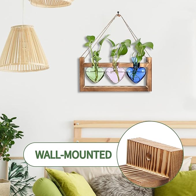 Plant Terrarium Propagation Stations Hydroponics Home Garden Decoration Gift for Women with Wooden Stand Heart Shaped Colored Glass Vase