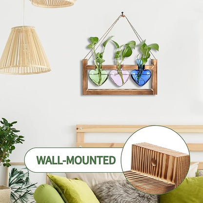 Plant Terrarium Propagation Stations Hydroponics Home Garden Decoration Gift for Women with Wooden Stand Heart Shaped Colored Glass Vase