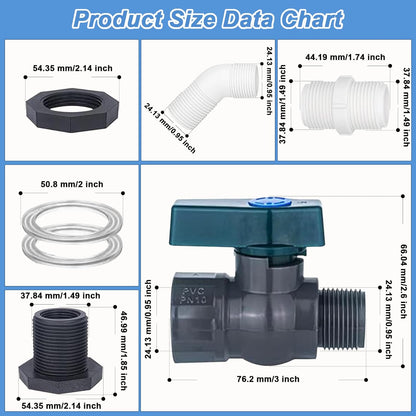 2 Pack PVC Rain Barrel 45°Elbow Spigot Kit, 3/4 Inch Rain Barrel Valve with Bulkhead Connector and Hose Adapter, Garden Faucet Kit for Water Tanks, Aquariums, Pools, Garden Barrels