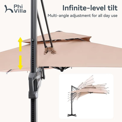 PHI VILLA 10ft Patio Cantilever Umbrella With Base, 360° Rotation & Infinite Tilt Aluminum Square Double Top Outdoor Offset Umbrella, Heavy Duty for Garden Poolside Backyard, Beige